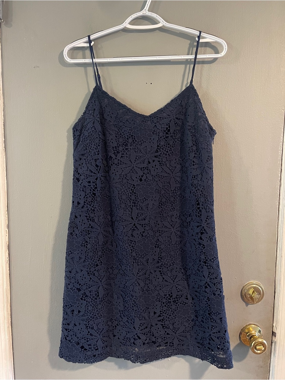 J Crew Navy Floral Crochet Lace Overlay V Neck Dress Size 6